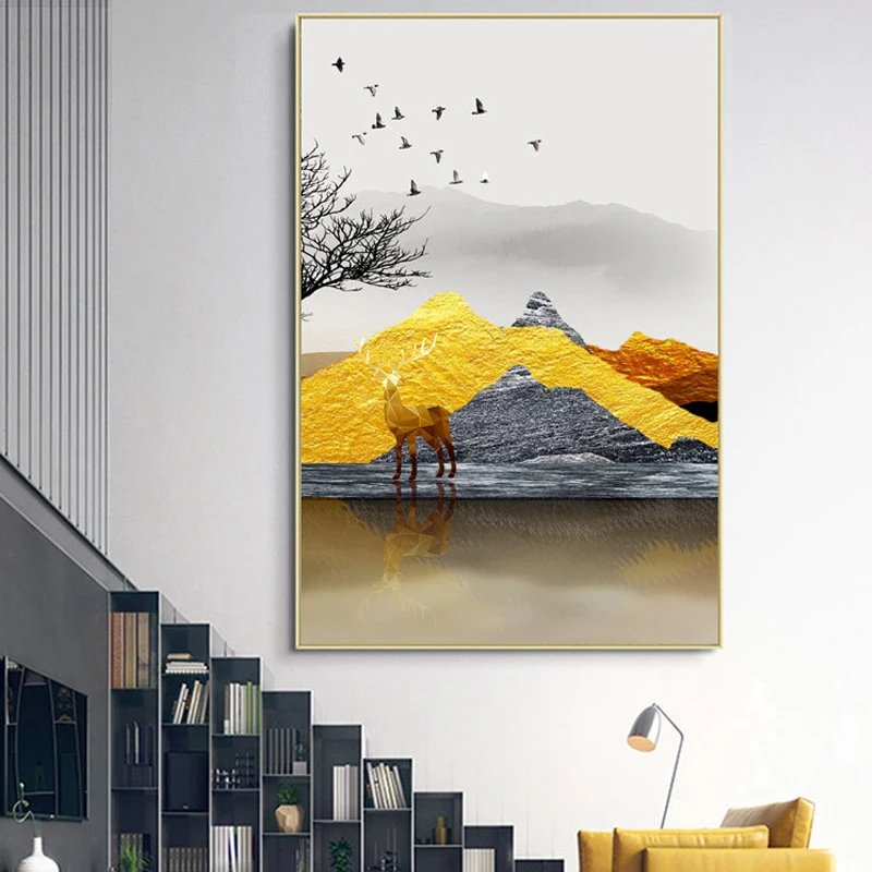Скандинавские пейзажи современный минималистичный Желтый горный Лось богатое