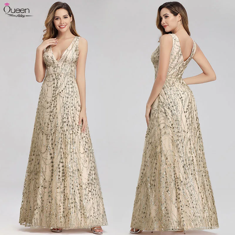 Элегантные золотистые вечерние платья Длинные блестящие трапеции с блестками и