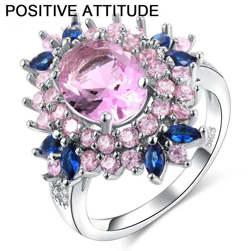 2021 Трендовое Таинственное Роскошное Синее / Светло-розовое Кольцо Женское с Цветком из Блестящих Кубических Цирконов Свадебное Обручальное Украшение Подарок Оптом.