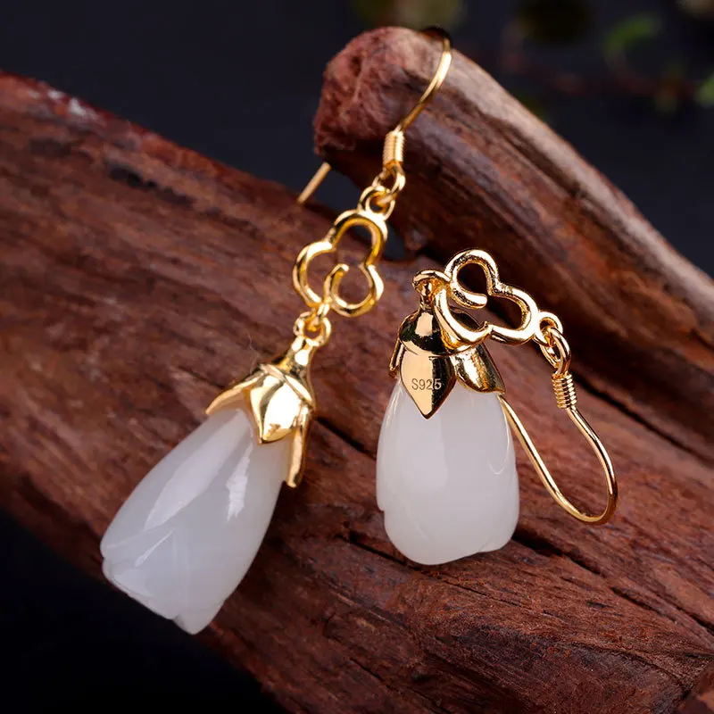 Женские серьги из серебра 925 пробы с натуральным белым нефритом|Серьги-подвески| |