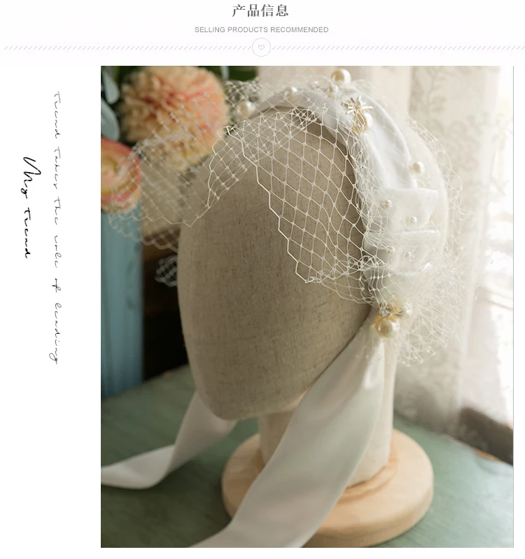 

French Vintage Satin Hairbands For Women White Pearl Veil Headwear Ribbon Bride Headband Wedding Church Elegant Hair Accessories