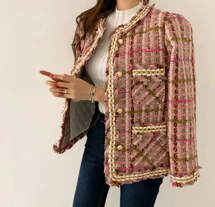 Куртка Шерстяная женская короткая из твида во французском стиле с круглым