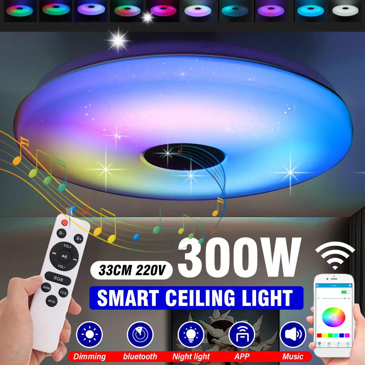 

300W RGB Dimmable LED Ceiling Light Home Lighting Remote APP Control bluetooth Speaker Music Light Bedroom Colorful Ceiling Lamp