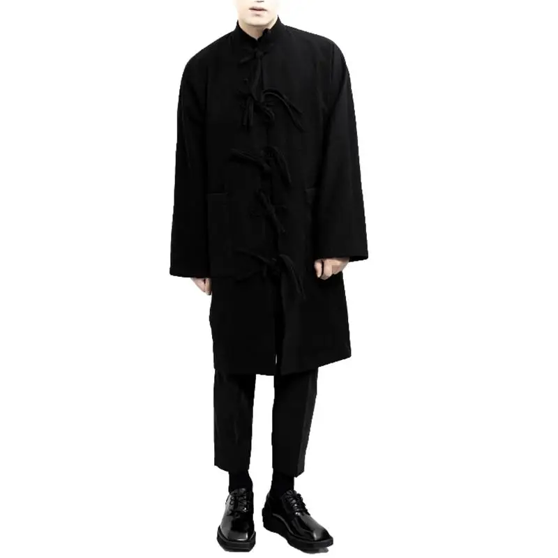 Пальто мужское весенне-осеннее черное приталенное с воротником-стойкой и