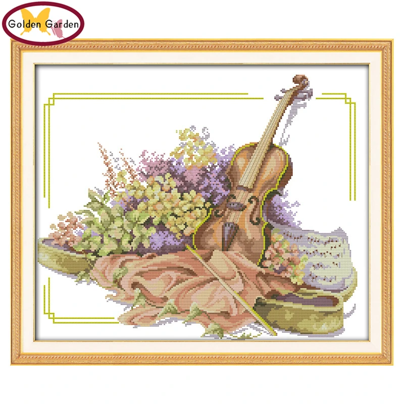 

GG The Violin and Flowers Cross Stitch Needlework Counted Cross Stitch Kits Embroidery Chinese Cross Stitch for Home Decoration