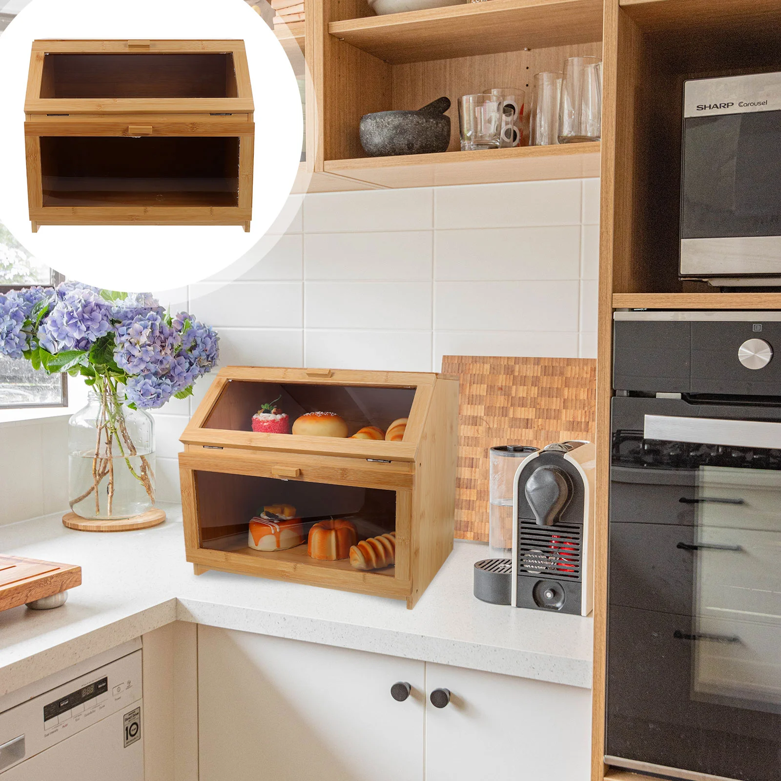 

1Pc Double Layers Safe Bamboo Bread Box Large-capacity Storage Box (Bamboo Color)