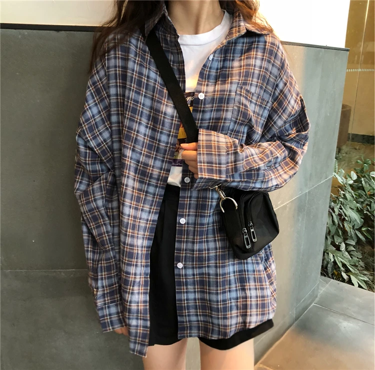 8333 blue Женские рубашки, классические, Ретро стиль, элегантные, с отложным воротником, с карманами, в клетку, женская рубашка с длинным рукавом, для отдыха, свободный, корейский стиль, для девушек - Цвет: 8333 blue