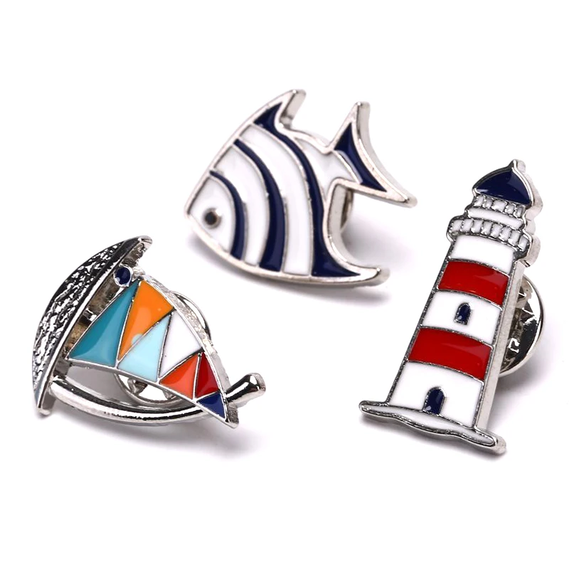 Мода парусник Маяк Броши Рыба для мужчин и женщин синий красный цвета руля эмали