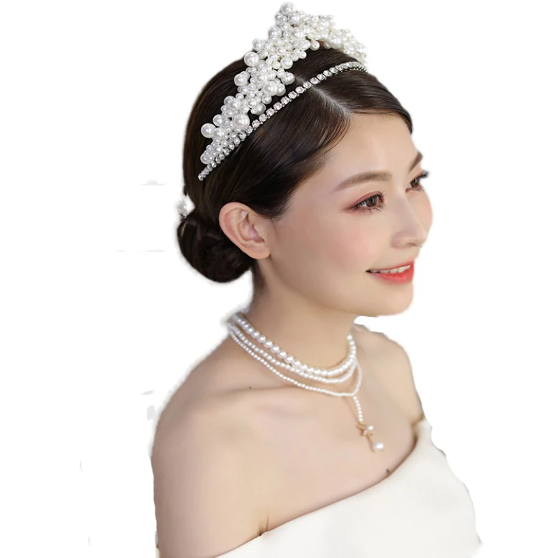 

NiuShuya Bride Headband Tiara Crown Handmade Beaded Pearl Double Layer Wedding Headpieces Hair Accessories