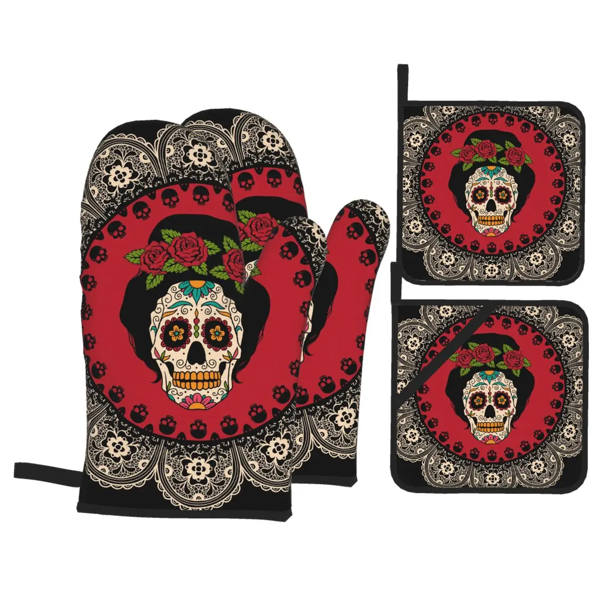 

4pcs Kitchen Gloves Insulation Pad Frame With Mexican Skull Woman Cooking Microwave Gloves Baking BBQ Oven Potholders Oven Mitts