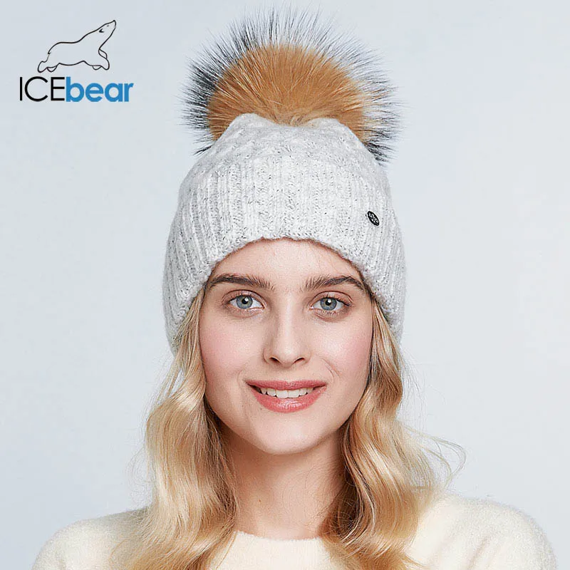 ICEbear зимние шапки для женщин натуральный мех помпон шапка теплые осенние вязаные шапки для женщин модные вязаные шапочки Женские шапки E-MX19113Q - Цвет: 10D
