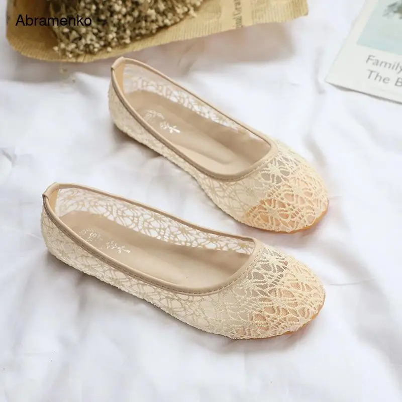 

Women Flats Summer Style Casual Solid Gauze Breathable Slip-On Flat Shoes Soft Comfortable Women Hollow Bow Shoes Ballet Flats