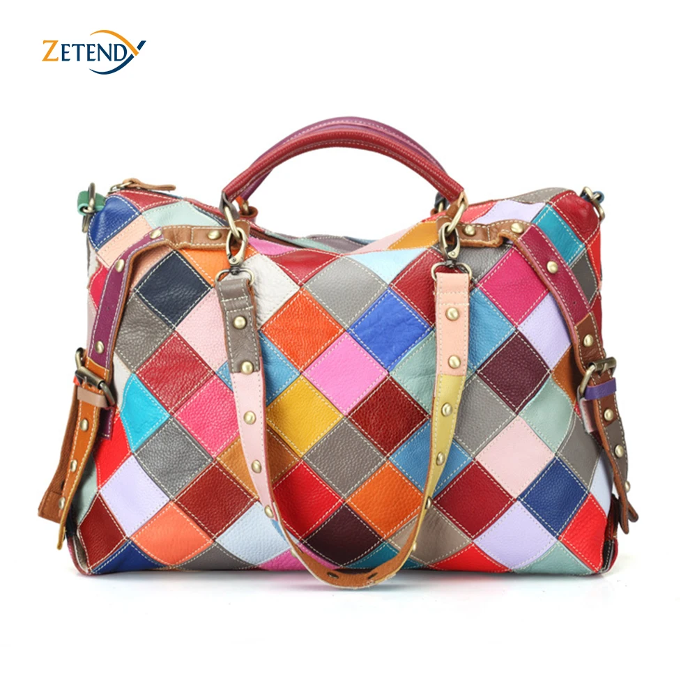 Сумка женская из натуральной воловьей кожи цветная с контрастными