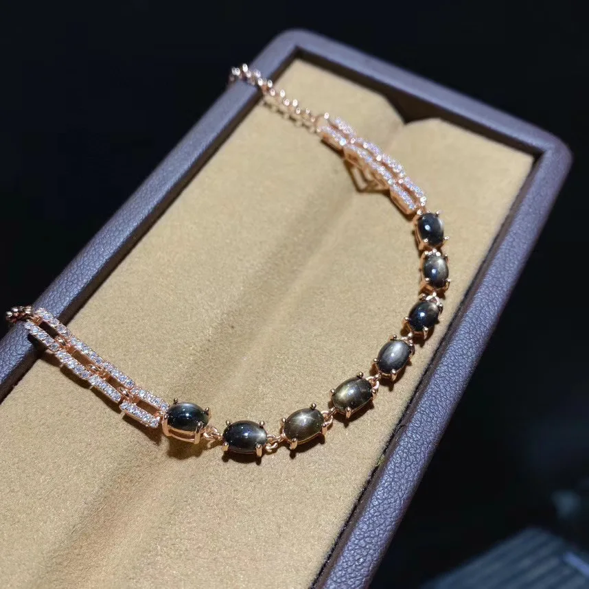 

Fine Jewelry 925 Sterling Silver Inlaid Natural Black Star Sapphire Bracelet Luxury Girl Hand Bracelet Support Test