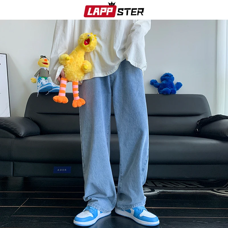 

LAPPSTER Men Solid Baggy Y2k Jeans Pants 2022 Mens Harajuku Wide Leg Casual Denim Trousers Man Japanese Streetwear Jeans Jogger