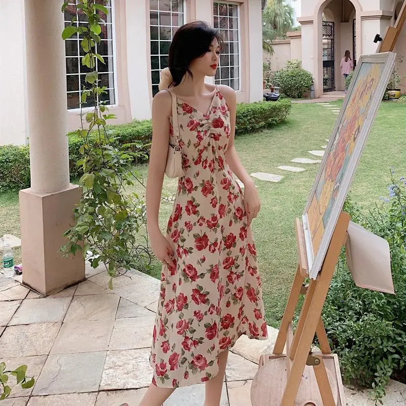 Летнее художественное ретро платье с цветочным принтом женское на талию тонкое