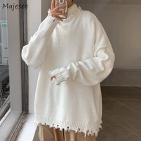 pullovers men ripped hole irregular knitting warm baggy mock neck sweater fashion couple korean style all match streetwear new