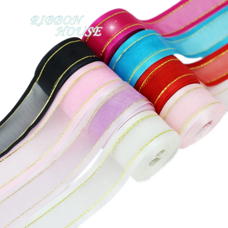 (5 м/лот) 25 мм кремово-белые ленты из органзы с золотыми краями декоративные для