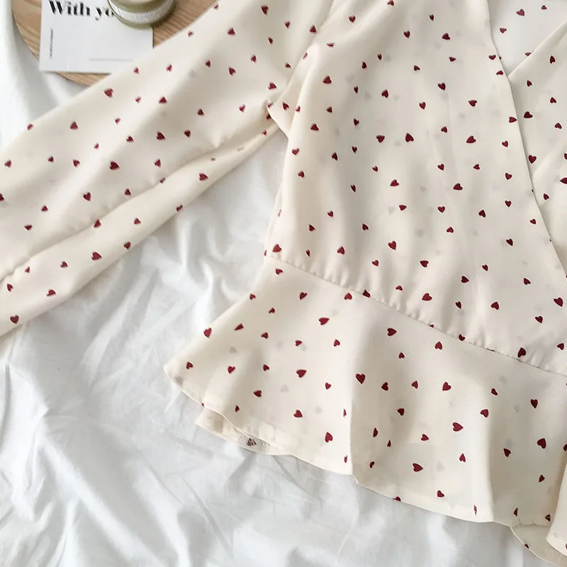 Винтаж v-образный вырез расклешенный рукав в горошек женская блузка Рубашки