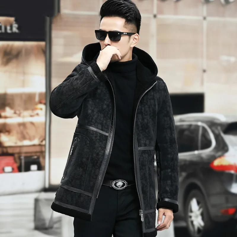 

2020 New Men Winter Genuine Wool Coat Male Real Wool Fur Jacket Man Korean Hooded Sheep Shearling Outwear Mid-long Overcoat Z168