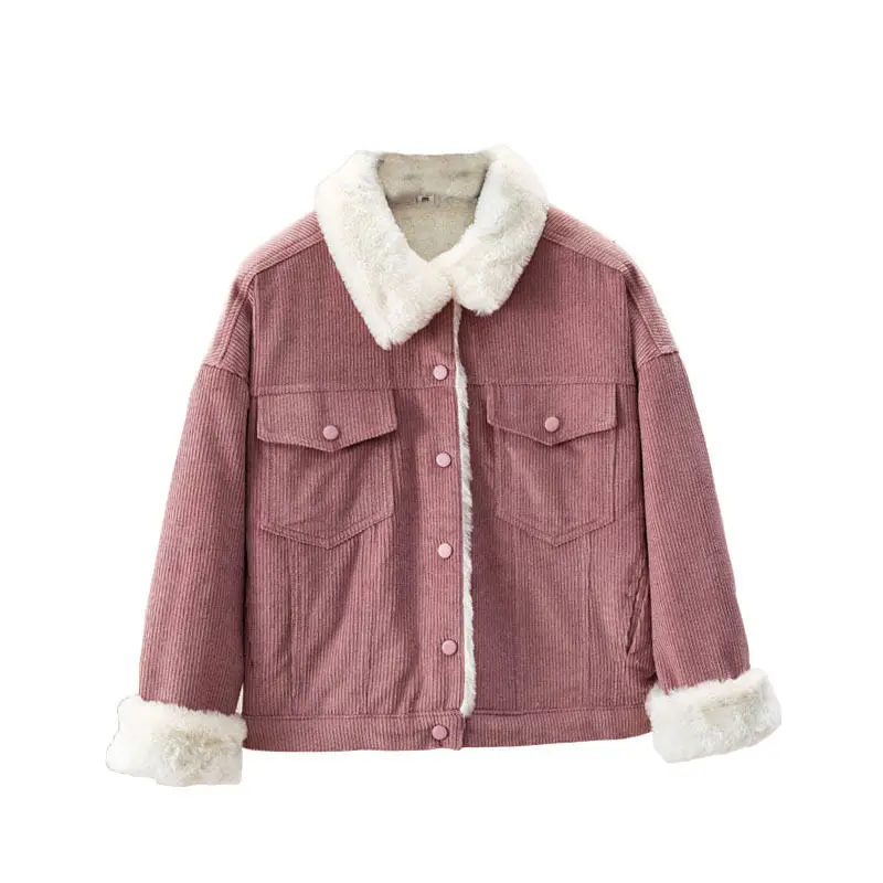 

Soft Thick Velvet Lining Corduroy women Button Jackets Warm Solid Outerwear Long Sleeve Vintage Pocket Female Overcoat 2020 New