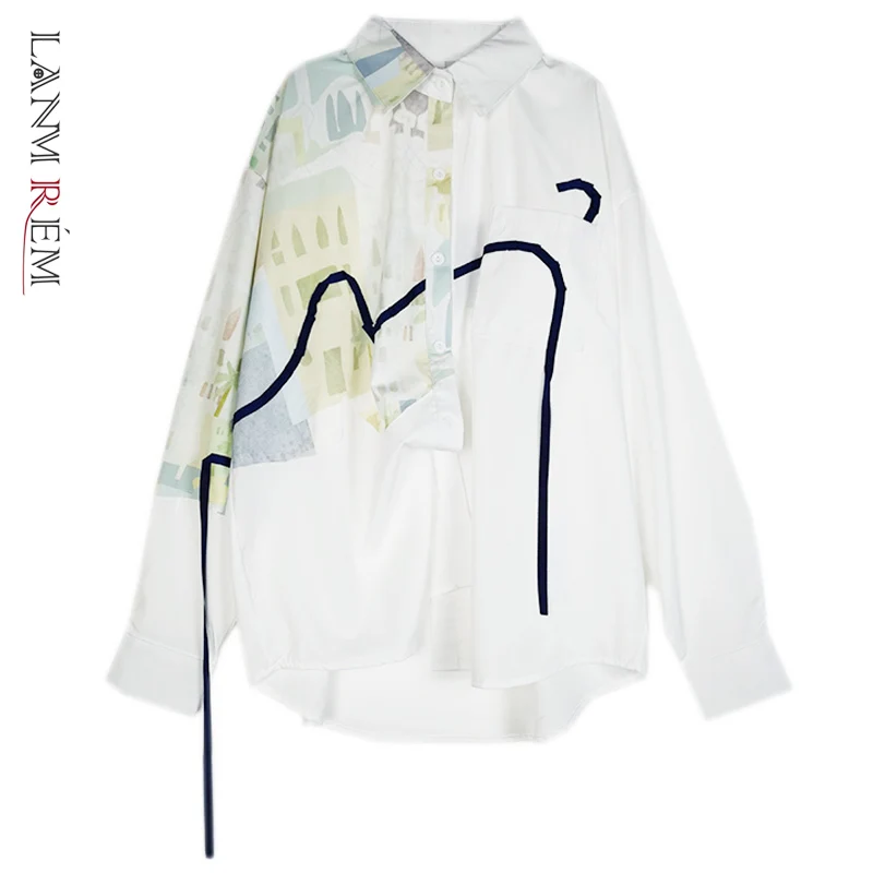 

LANMREM White Shirt Printed Women's 2022 Autumn And Autumn New Stitching Blouse Female Streetwear Fashion Top 2C010