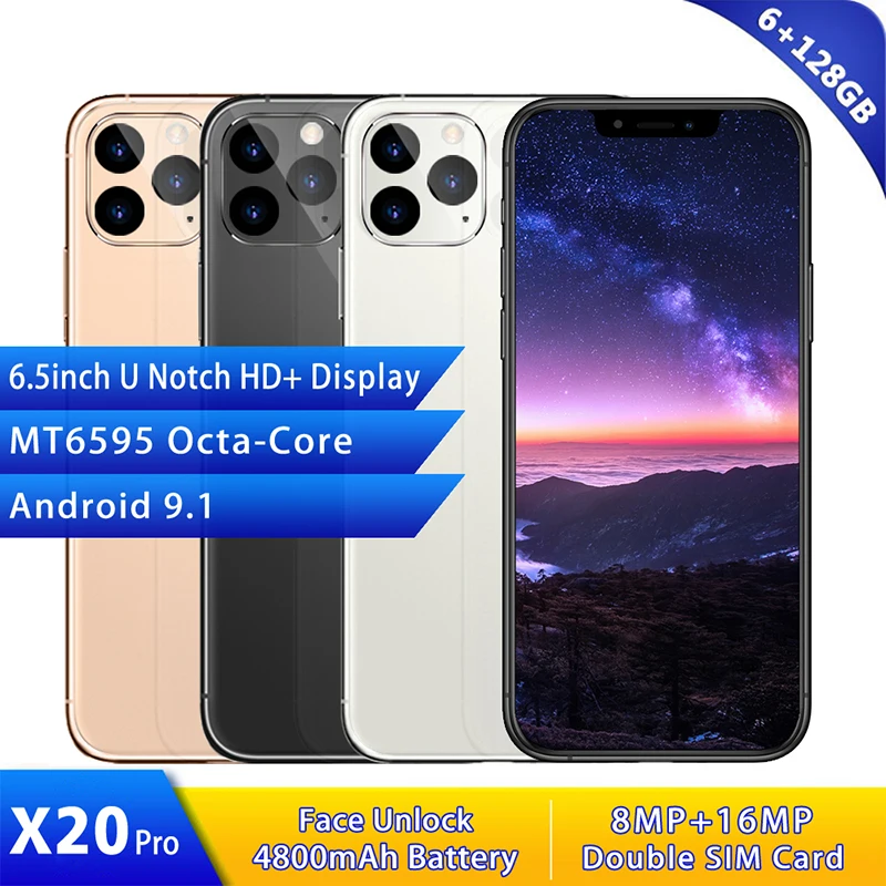

X20pro Smartphone 6.5 Inch 4800mah Android 9.1 Dual SIM 5G 8MP+16MP HD Camera Face Wake 6GB+128GB Global Version Network Phone