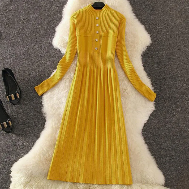 

2021 Autumn Winter Women Sweater Dress Turtleneck Chic Female A-Line Soft Knitted Long Dresses High Elastic Elegant Warm Vestido