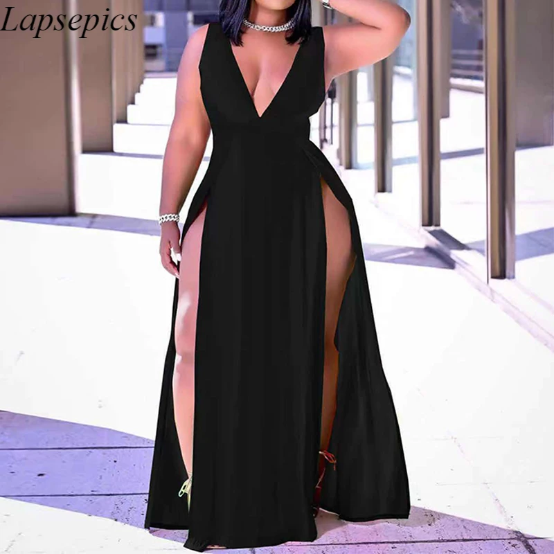 

Sleeveless V Neck Maxi Dress Elegant Evening Party High Slit Dresses Vestidos