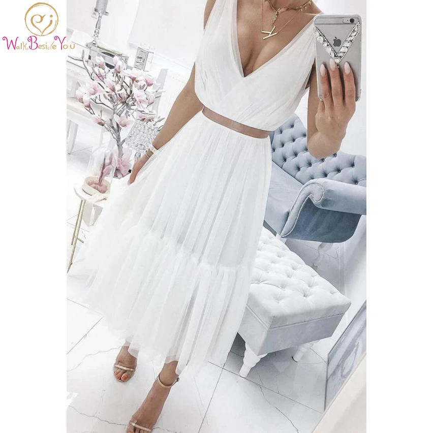 

Женское вечернее платье без рукавов, белое Тюлевое ТРАПЕЦИЕВИДНОЕ ПЛАТЬЕ С V-образным вырезом, длиной ниже колена, для выпускного вечера, 2021