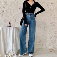 high waist solid color wide leg jeans spring autumn new retro style women street style classic slim straight denim pants lady