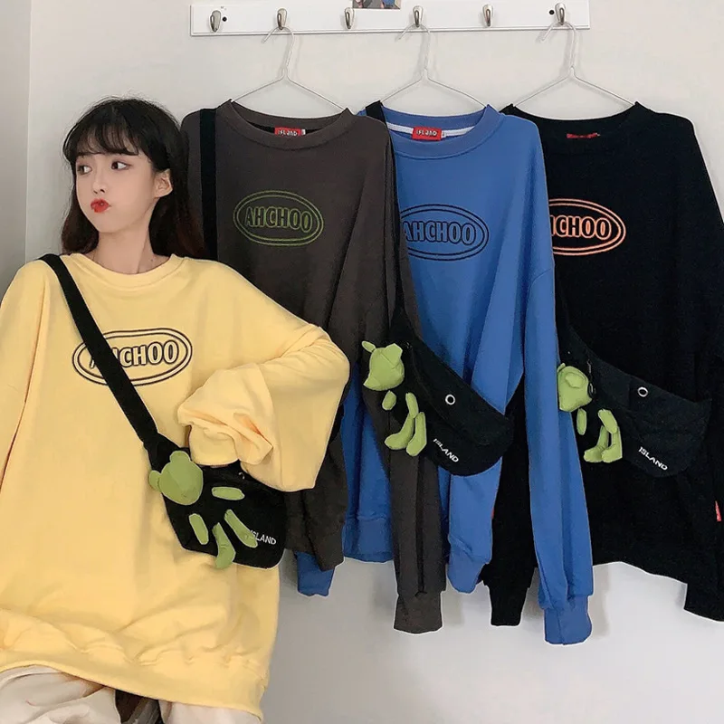 

CN 2021 New Women Sweatshirt Autumn Winter Korean Letter Print Pullovers Loose Oversized Fleece O Neck Sweatshirt Women