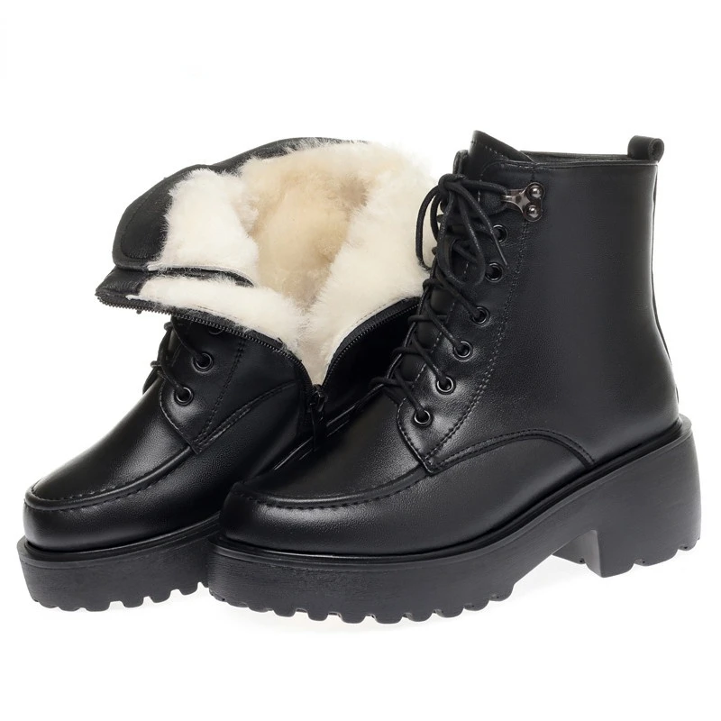 

Женские зимние ботинки на высоком каблуке и платформе, новинка 2021, женские ботильоны из натуральной кожи, шерстяные ботинки Martin большого ра...