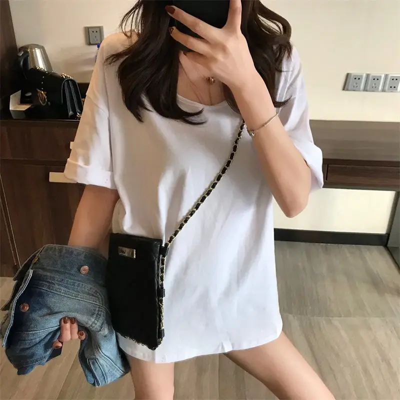 

Cotton T-shirt women's new Korean version large size large loose short sleeve off shoulder medium length female student top half