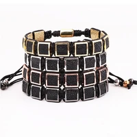 high quality black snake skin leather square charm braided friendship macrame adjustable bracelet men