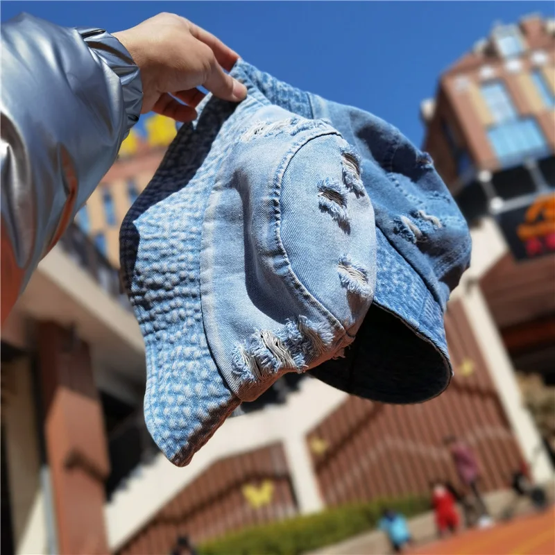 

Fashion Hole Washed Denim Fisherman hat Personality Trend Beggar Summer Sunscreen Japanese hat Casual breathable Basin hat