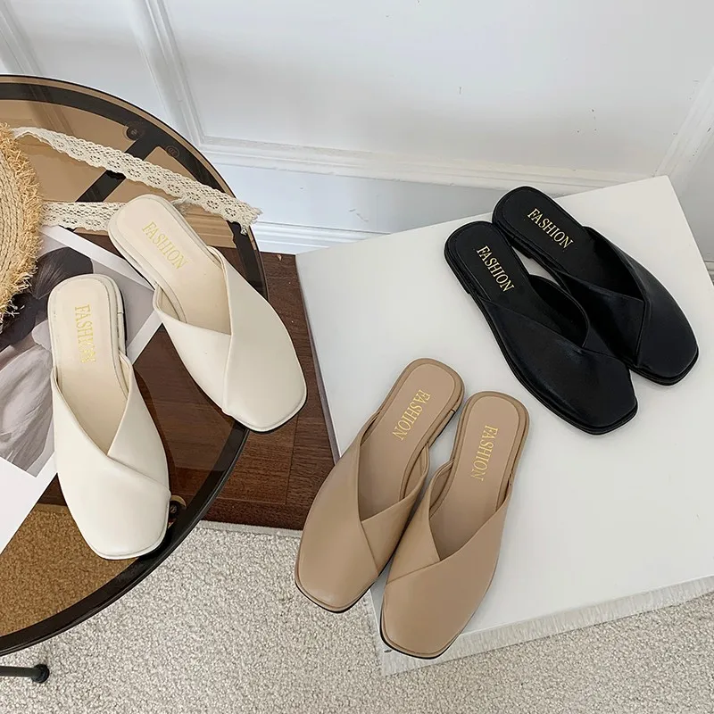 

Female Shoes Womens Slippers Outdoor Shallow Low Square Toe Slides Fashion Loafers 2021 Summer Soft Cover Luxury Flat Rubber PU