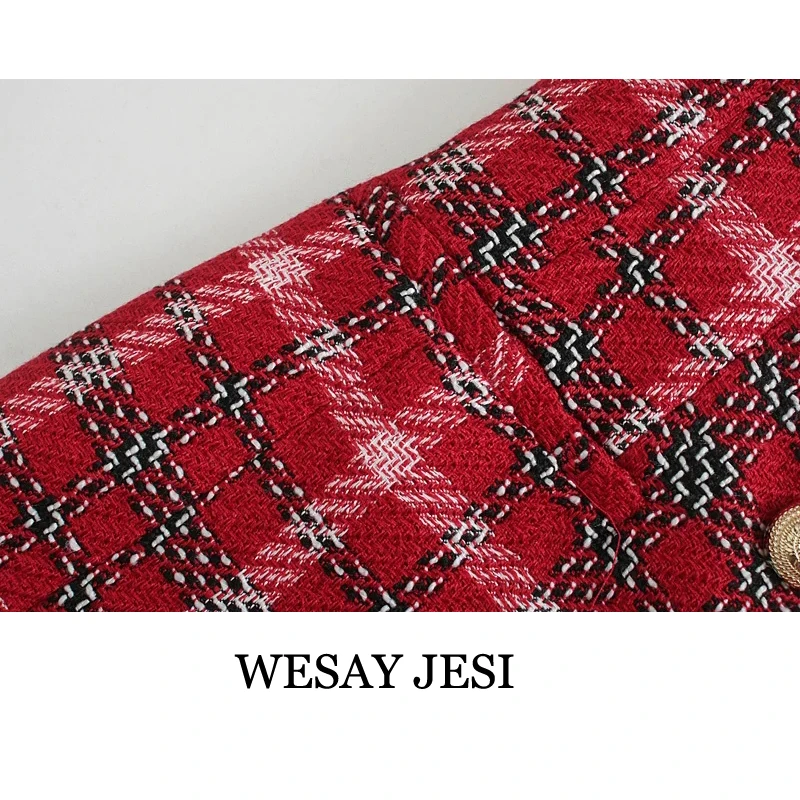 

WESAY JESI Women Fashion Double Breasted Check Tweed Blazers Coat Vintage Long Sleeve With Buttons Female Outerwear Chic Top