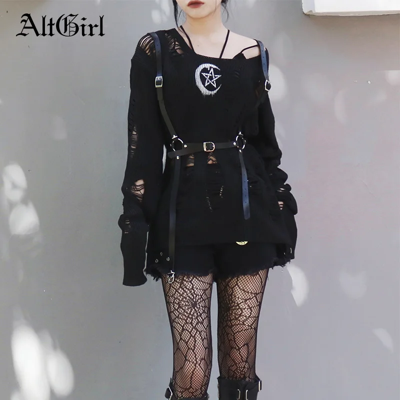 

AltGirl Fairy Grunge Gothic Sweater Women Harajuku Streetwear Vintage Print Hollwo Out Holes O-neck Long Sleeve Striped Pullover