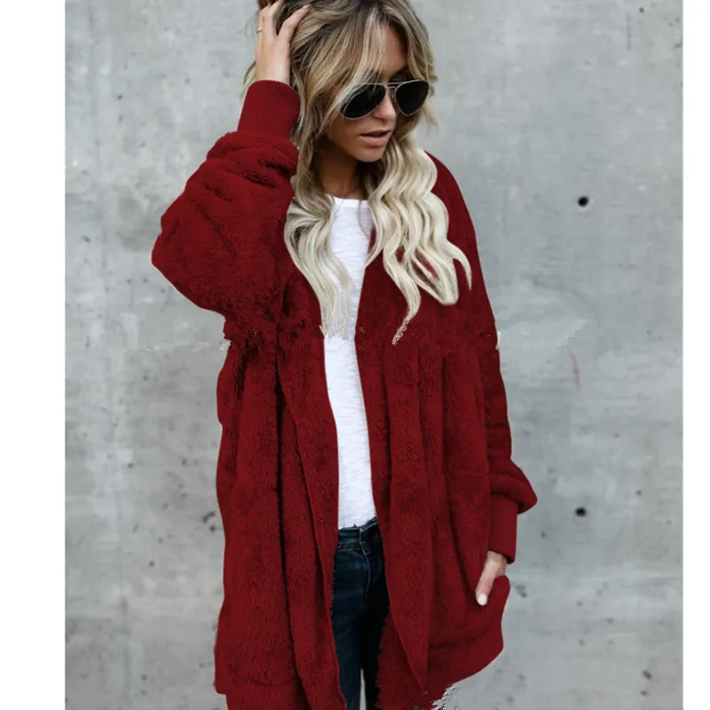 

OLOMLB 2021 Winter New Fashion Solid Turn Down Collar Ladies Tops Outerwear Cotton Warm Long Sleeve Fluffy Hairy Women Plus Size