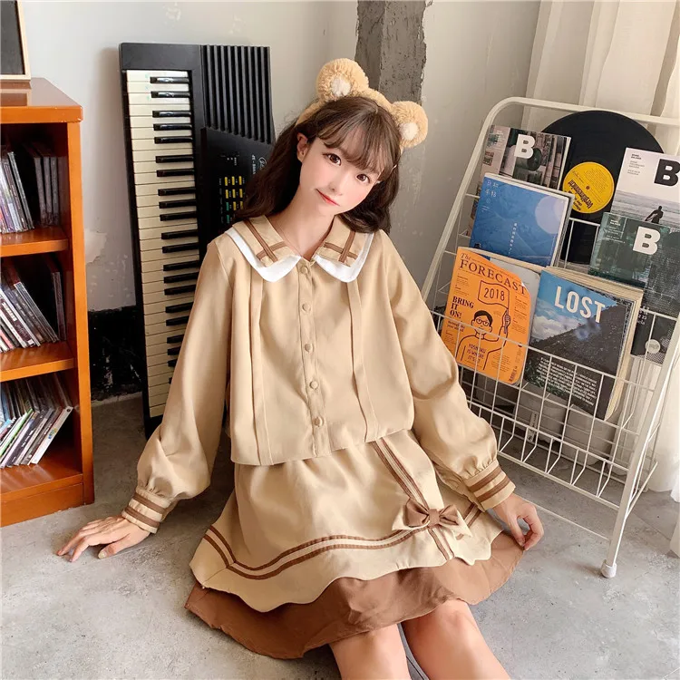 

Весенняя женская новая Милая Кружевная юбка-рубашка с кукольным воротником и бабочкой школьная Униформа JK японская модная школьная юбка