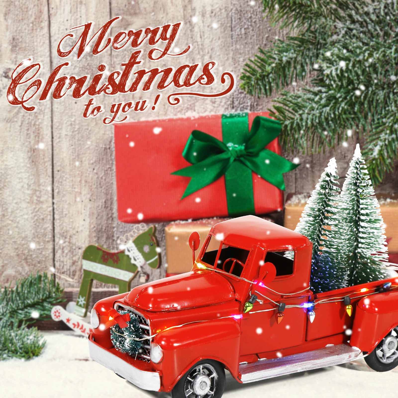 OurWarm Christmas Farmhouse Red Truck Decor LED String Lights Vintage Red Metal Truck Car Model with Mini Christmas Trees Decor