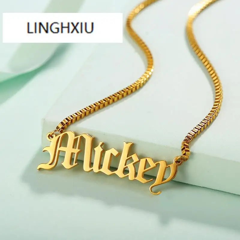 

Old English Custom Name Necklace Stainless Steel Box Chain Link DIY Lingxiu Number /Date 35cm 40cm 45cm 50cm 55cm