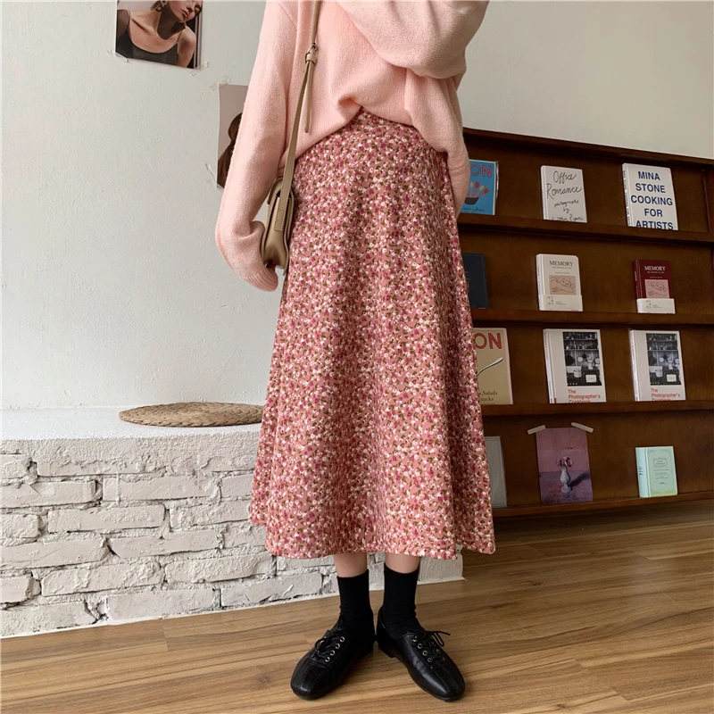 Вельветовая винтажная плиссированная женская уличная юбка миди с цветочным