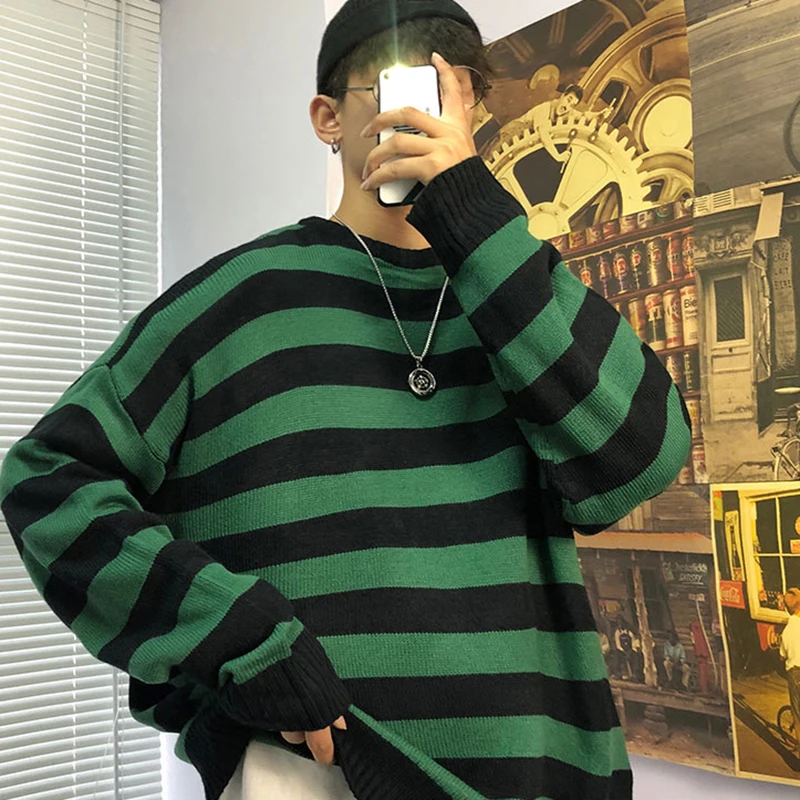 Черный красный полосатый вязаный свитер осень зима Crewneck Мода длинный абзац