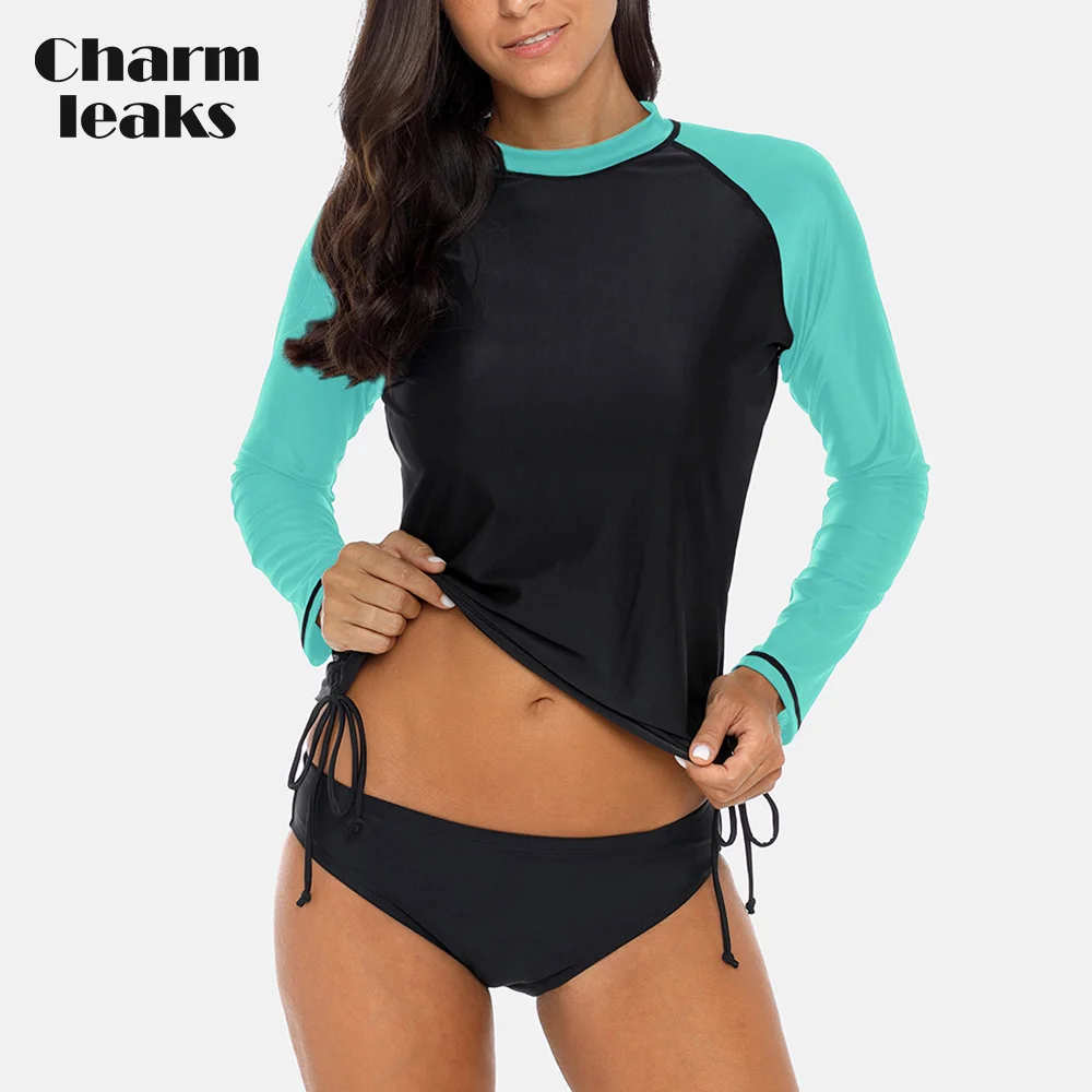 

Charmleaks Women Rash Guard Shirts Swimwear Long Sleeve Rashguard Top Side Bandaged Surf Top Diving Shirt Swimsuit UPF 50+