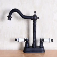 black oil rubbed bronze 4 centerset bathroom two holes basin faucet sink mixer tap swivel spout double ceramic levers mnf152