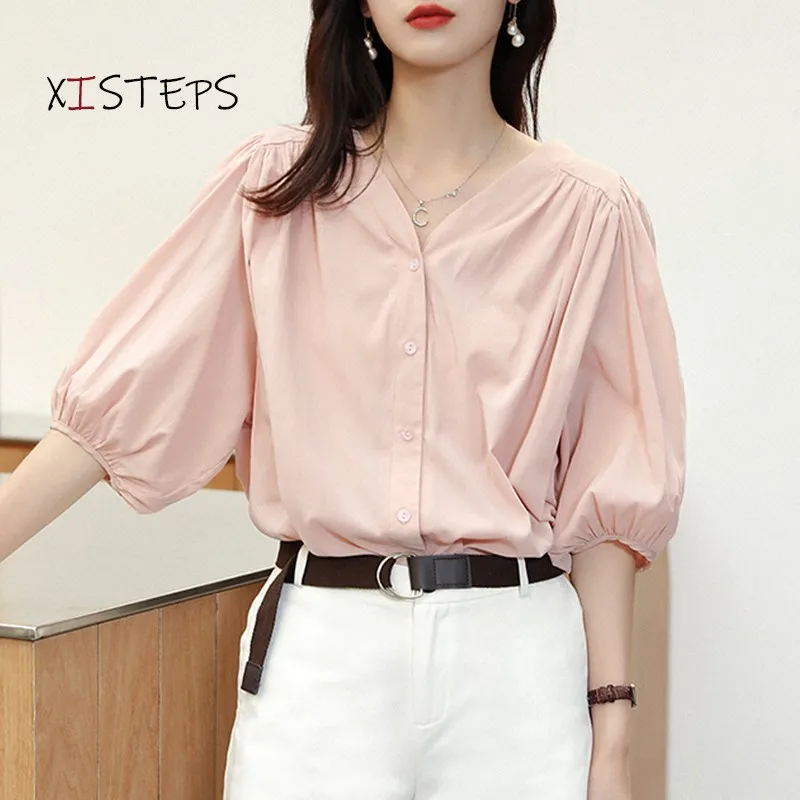 Summer V-neck Chiffon Blouses For Women 2021 Fashion Puff Sleeve V-neck Shirts Pink Blue White Tops Streetwear Clothes Plus Size