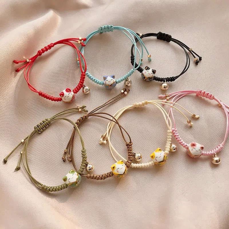 

Women Girl Chinese Ethnic New Year Knit Rope Bracelet Adjustable Cute Lucky Cat Fortune Fashion Jewelry Accessories