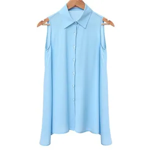 Топ женский с отложным Свободная блузка с воротником без рукавов, Свободная шифоновая рубашка, дышащая Базовая сорочка черного и белого цвета, на лето